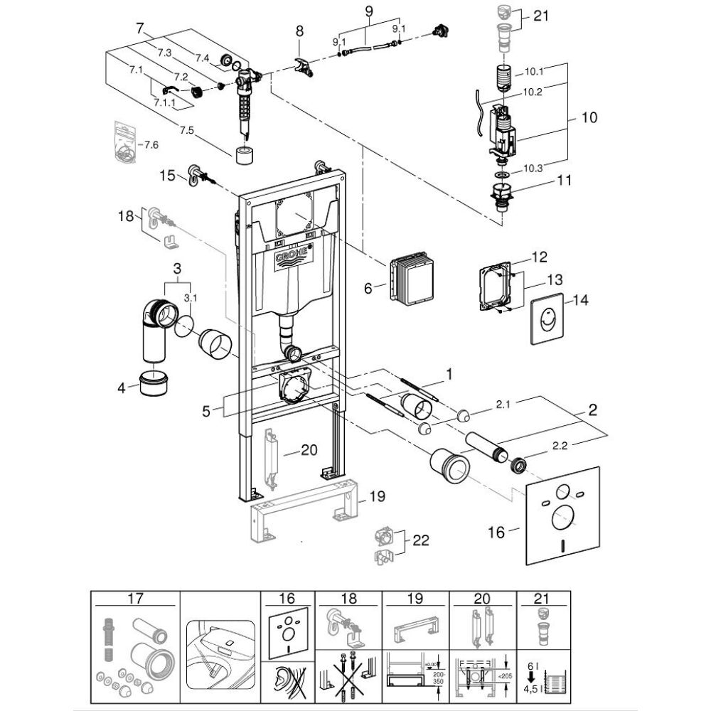 Комплект инсталляции для унитаза, GROHE Rapid SL 4 в 1 с панелью смыва Skate Air, хром (38750001)