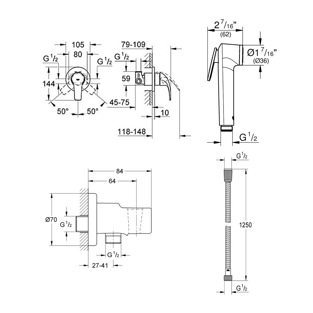 Набор для гигиенического душа, GROHE BauCurve, хром (129185)
