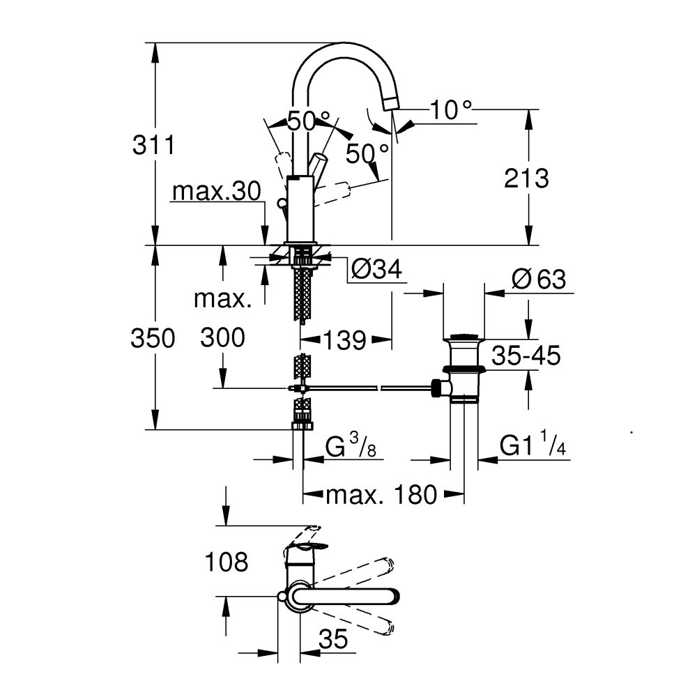 Смеситель для раковины GROHE Start QuickFix с донным клапаном, хром (23554001)