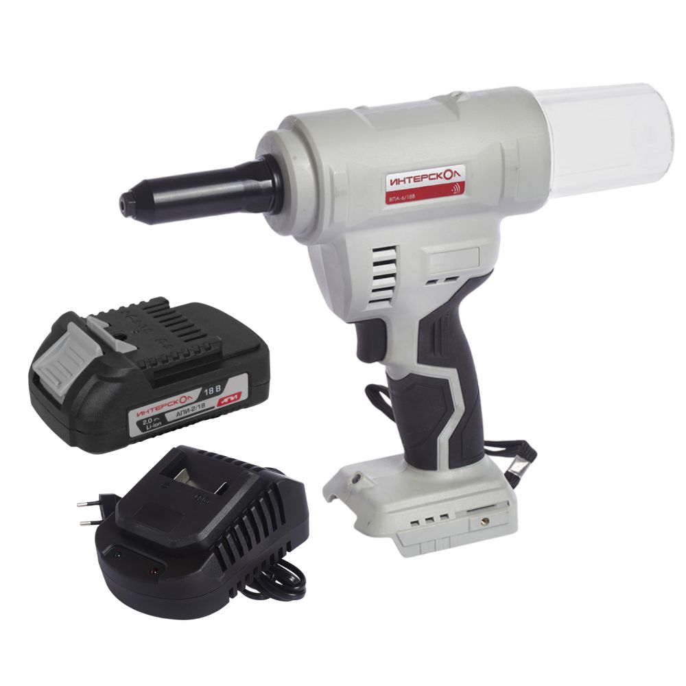 Аккумуляторный заклепочный пистолет ИНТЕРСКОЛ ВПА-6/18В, АПИ, с АКБ 2 Ач и ЗУ (646.1.0.70-B2C)