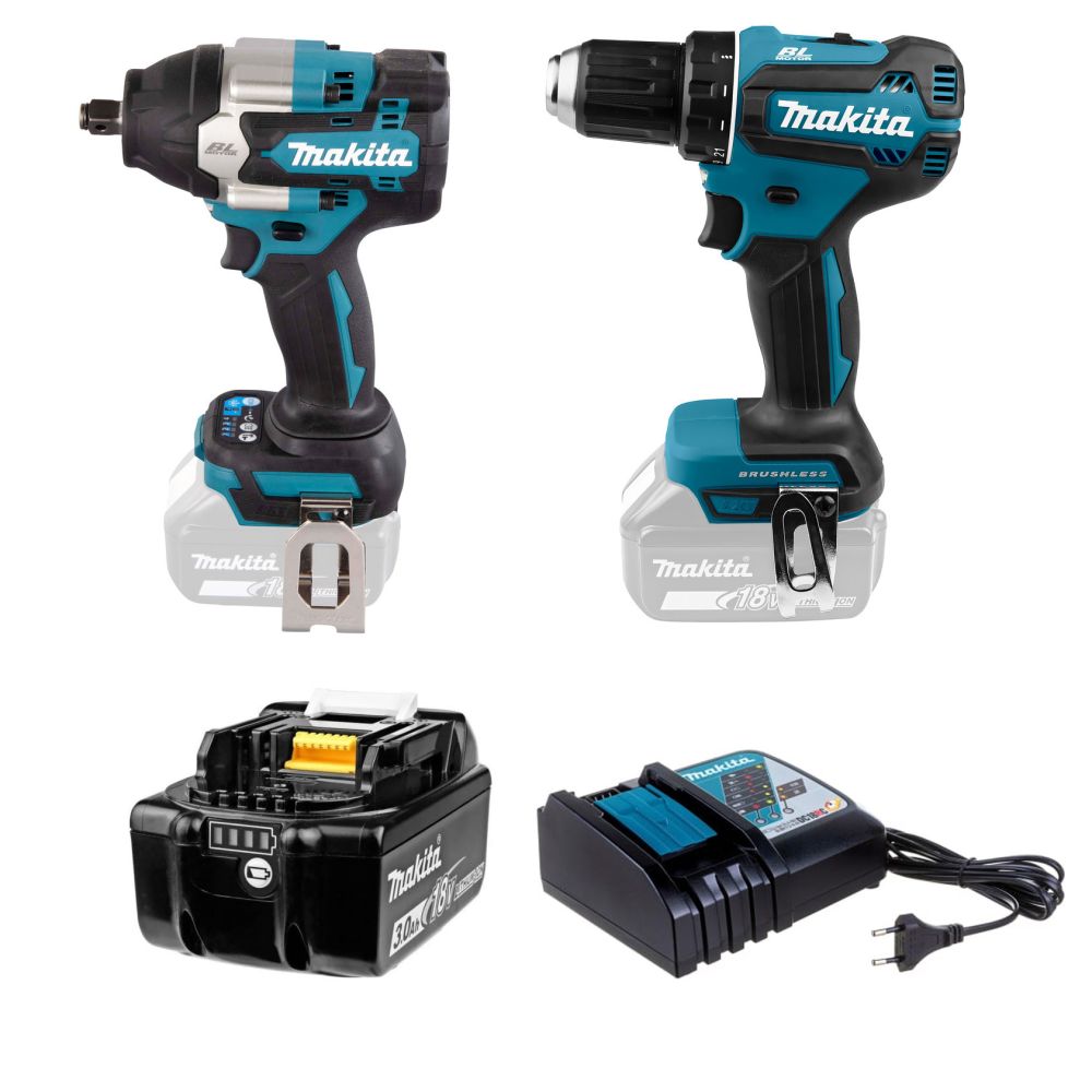 Набор: аккумуляторный ударный гайковерт Makita DTW700Z + аккумуляторная дрель-шуруповерт Makita DDF485Z + аккумулятор + зарядное устройство