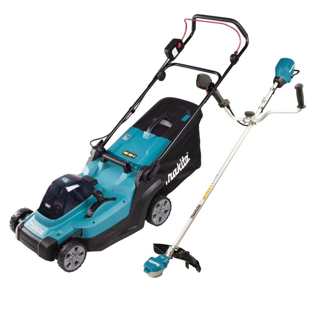 Аккумуляторный набор садовой техники Makita, 40 В: газонокосилка LM004 + триммер UR002, с АКБ 4 Ач и ЗУ