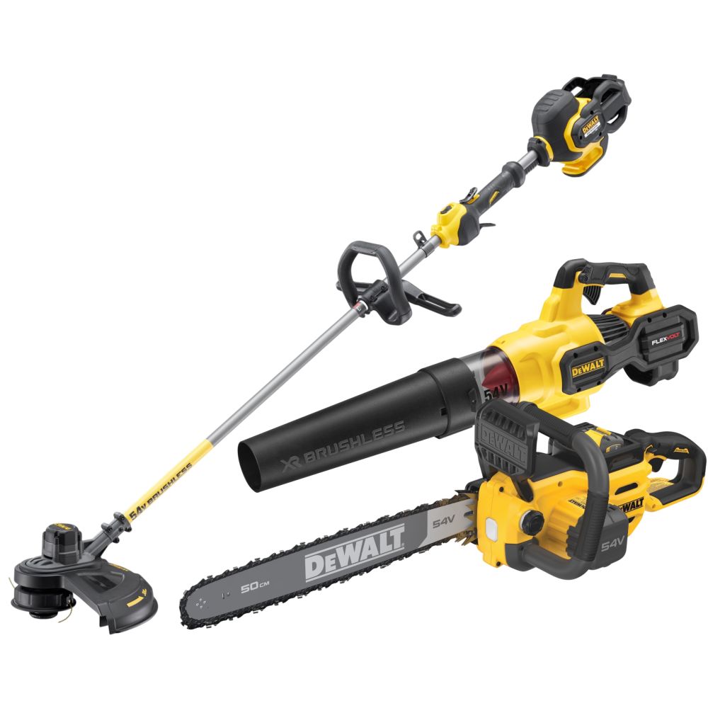 Аккумуляторный набор садовой техники DEWALT, 54 В: воздуходувка DCMBA572 + триммер DCM571 + цепная пила DCMCS575, с АКБ 3 Ач и ЗУ