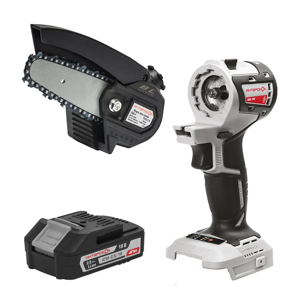 Аккумуляторная цепная пила ИНТЕРСКОЛ ПЦА-4 МультиМАКС18, 18 В, 10 см, c АКБ 2.5 Ач и ЗУ, в систейнере МультиБОКС (755.1.3.47)