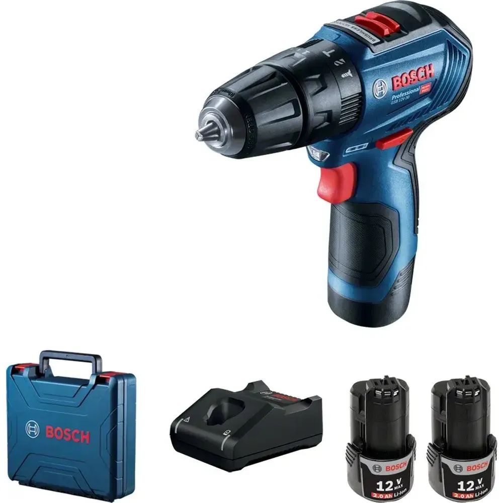 Аккумуляторная ударная дрель-шуруповерт Bosch GSB 12V-30, 12 В, 1600 об/мин, 24000 уд/мин, с 2 АКБ 2 Ач и ЗУ, в кейсе (0.601.9G9.100)
