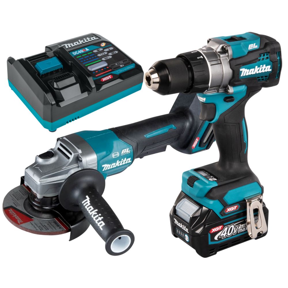 Набор аккумуляторного инструмента Makita, 40 В: угловая шлифмашина GA013GZ + дрель-шуруповерт DF001GZ, с АКБ 4 Ач и быстрым ЗУ 6 А (PT1422)