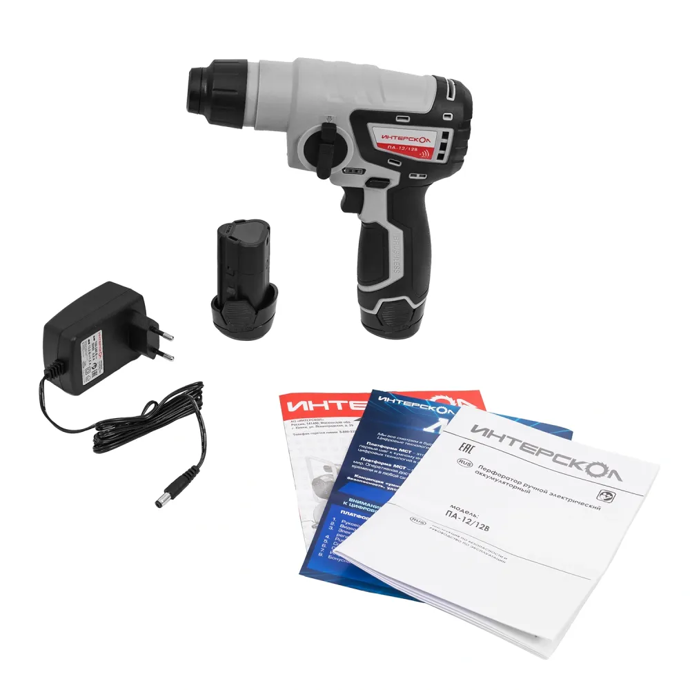 Аккумуляторный перфоратор ИНТЕРСКОЛ ПА-12/12В, 12 В, 1.2 Дж, 4250 уд/мин, с 2 АКБ 2 Ач и ЗУ (648.2.2.70)