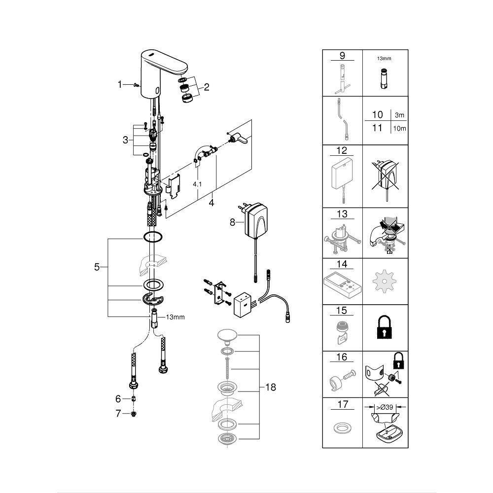 Кран для раковины GROHE Eurosmart Cosmopolitan E Bluetooth инфракрасный, без функции смешивания, хром (36413000)