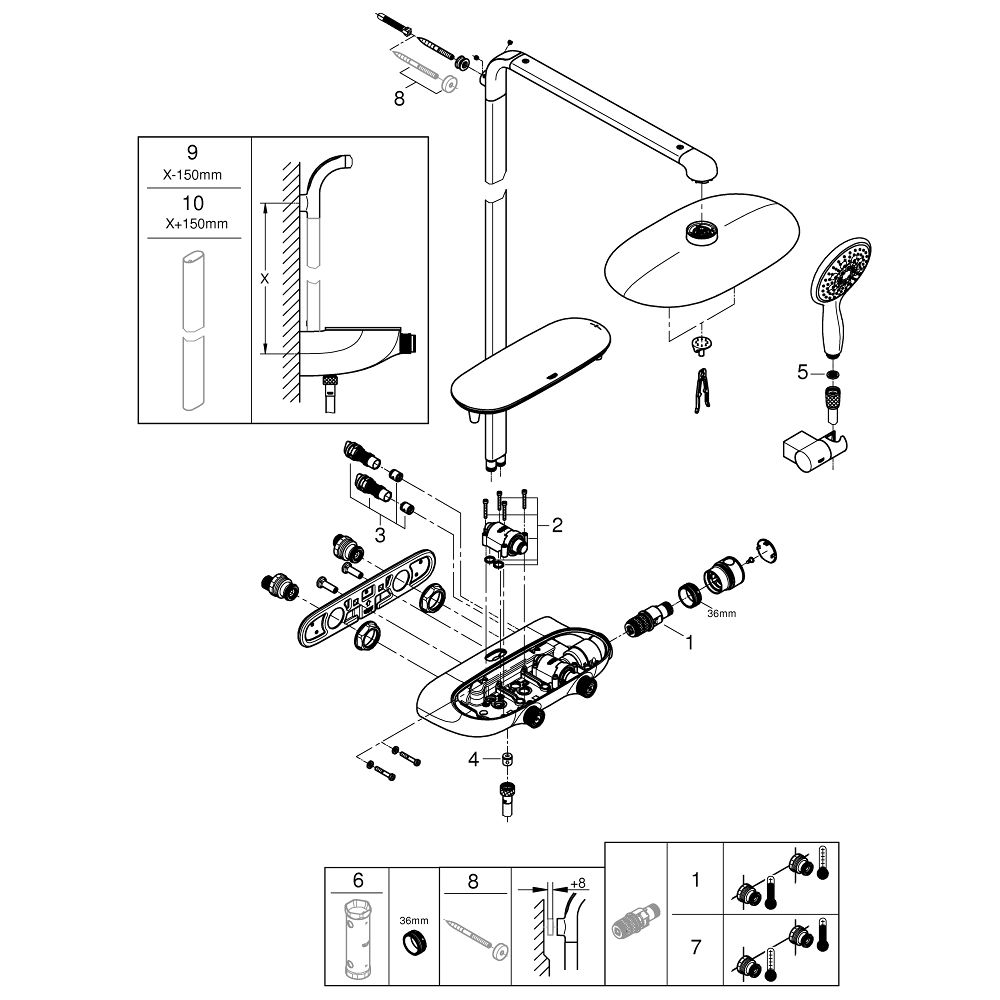 Душевая система с термостатом для настенного монтажа, GROHE Rainshower System SmartControl Mono 360, хром, (26361000)