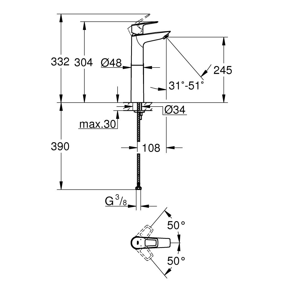 Смеситель для раковины GROHE BauLoop, XL-size, хром (23764001)