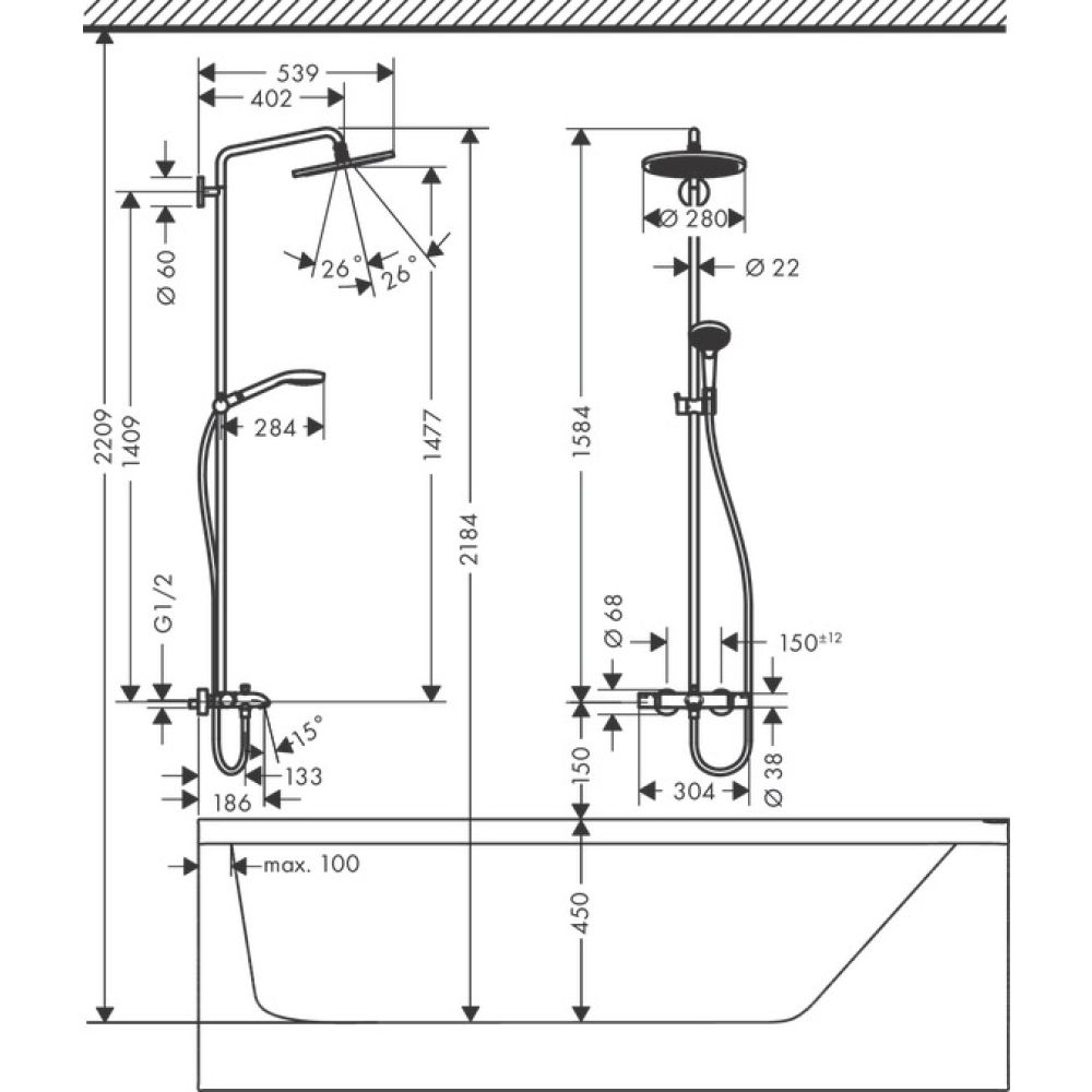 Душевая система hansgrohe Croma Select S 280 1jet с термостатом для ванны 26792000, хром