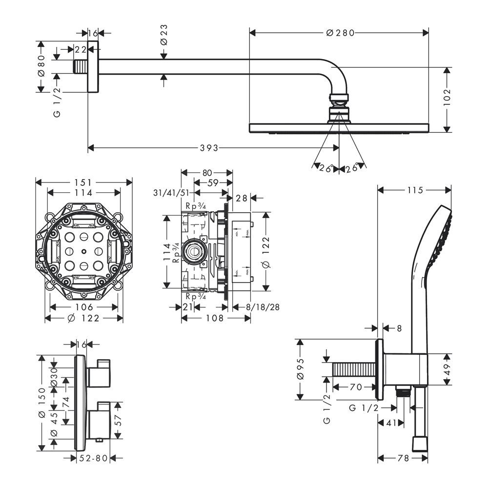 Душевая система hansgrohe Croma 280 1jet скрытого монтажа с термостатом Ecostat S 27954000, хром