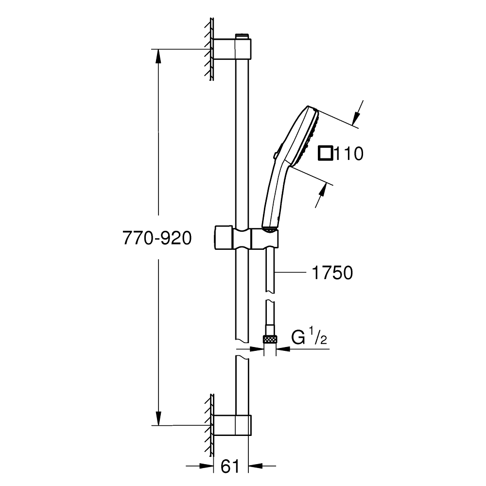 Душевой гарнитур GROHE Tempesta Cube 110, 3 режима струи, душевая штанга 900 мм, 13,5 л/мин, хром (27789003)