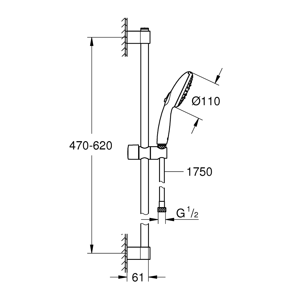 Душевой гарнитур GROHE Tempesta 110, 3 режима струи, душевая штанга 600 мм, 13,5 л/мин, хром (27794003)