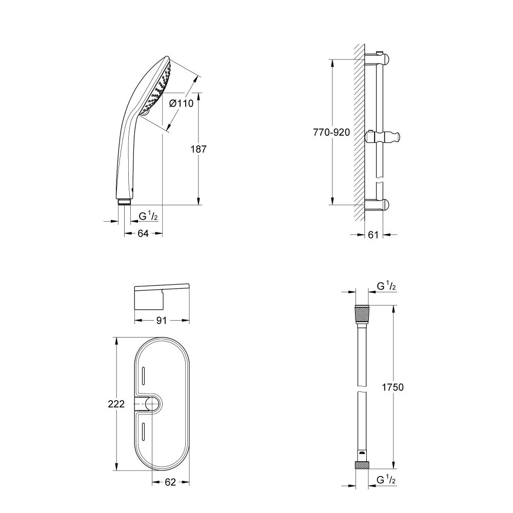 Душевой гарнитур GROHE Euphoria 110 Champagne с мыльницей, 3 режима струи, душевая штанга 900 мм, 17 л/мин, хром (27227001)