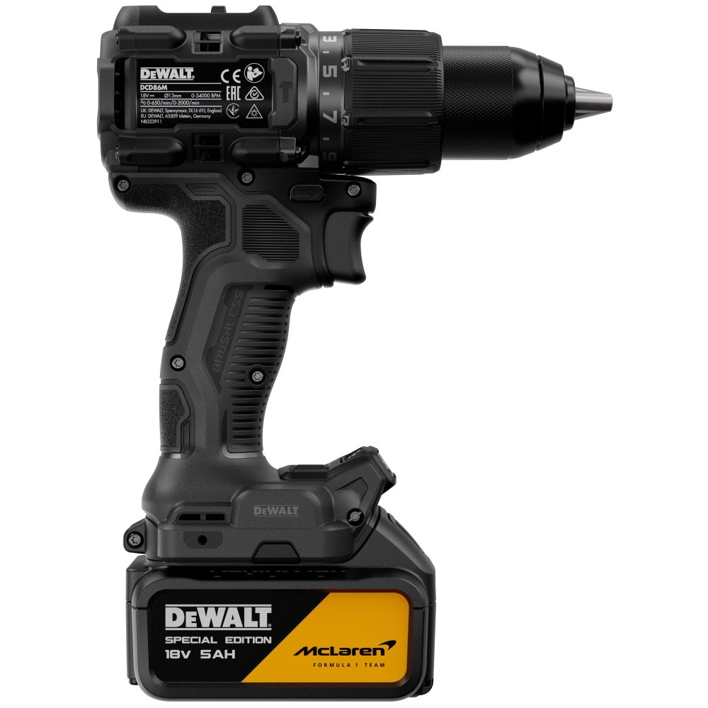 Ударная дрель-шуруповерт DEWALT McLaren Limited Edition DCD86MP2KT, 18 В, 2000 об/мин, с 2 АКБ 5 Ач и ЗУ, в кейсе TSTAK