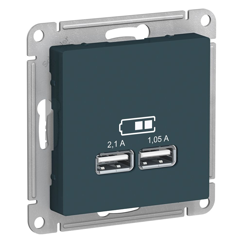 Розетка USB двойная для зарядки Systeme Electric (Schneider Electric) AtlasDesign 5В, изумруд ATN000833