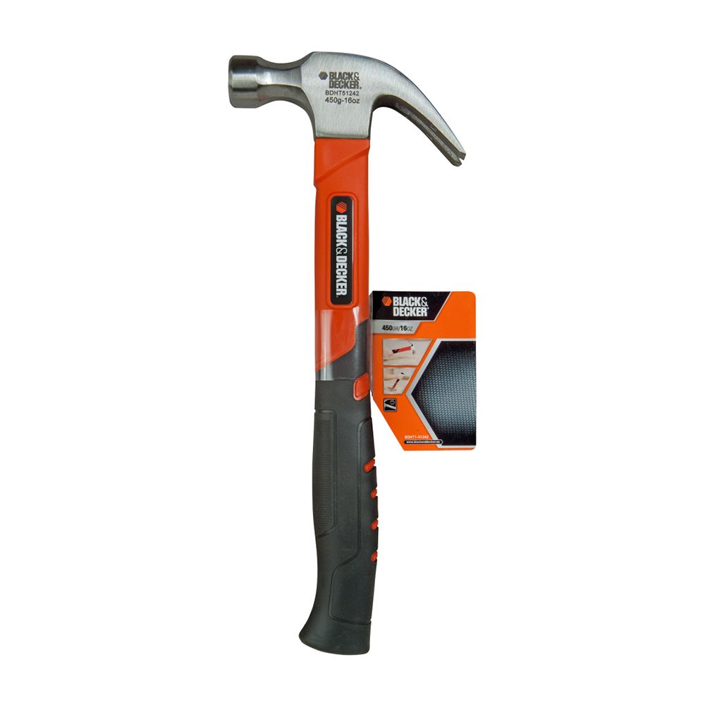 Молоток fiberglass с гвоздодером BLACK+DECKER, 450г.