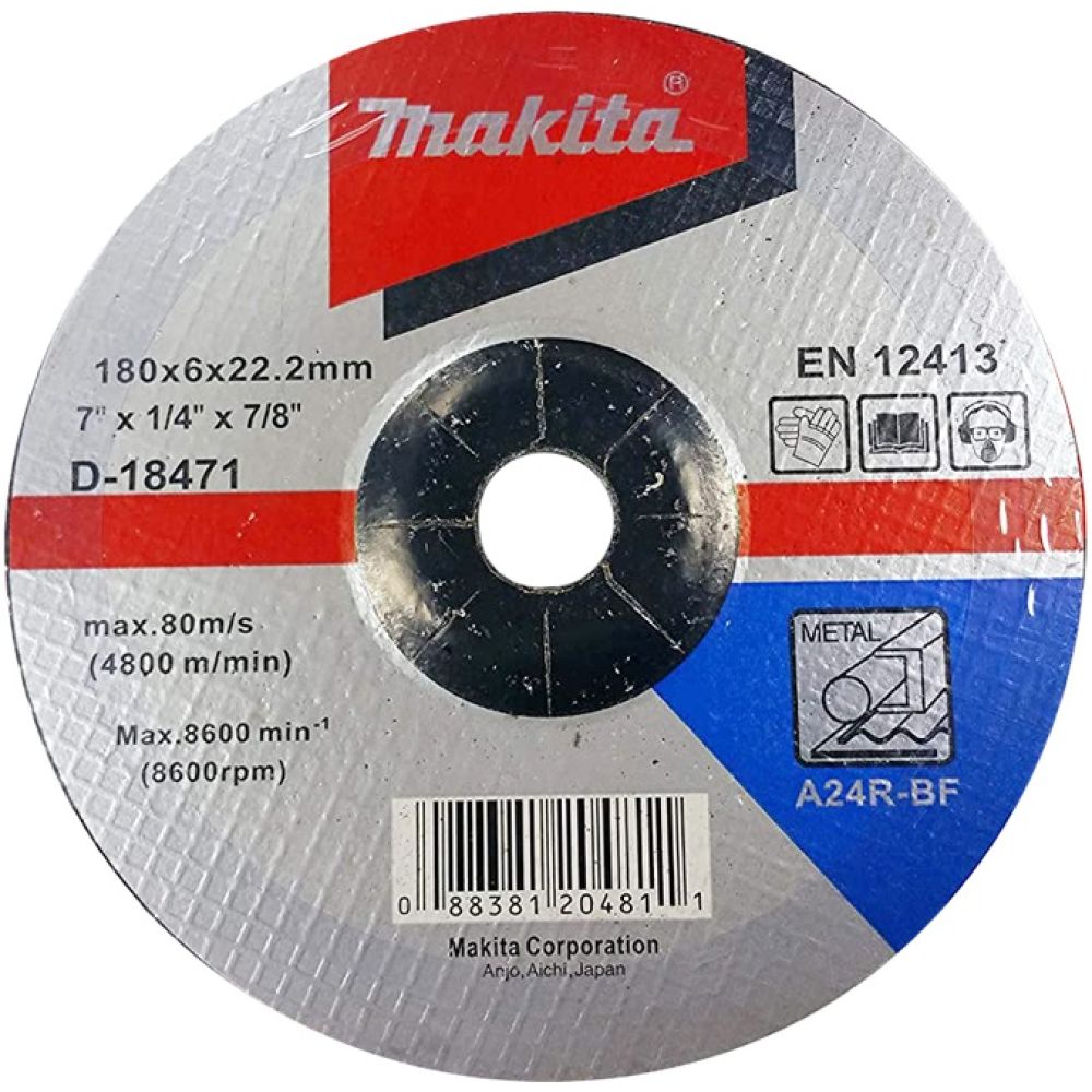 Диск Makita шлифовальный для стали, вогнутый A24R, 180х6х22, 23 мм, D-18471