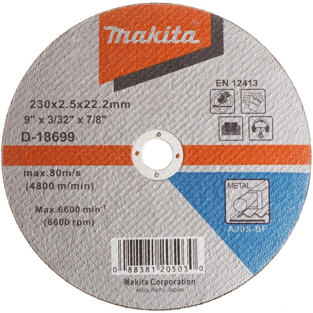 Абразивный отрезной диск Makita для стали, плоский A30S, 230х2, 5х22, 23 мм, D-18699