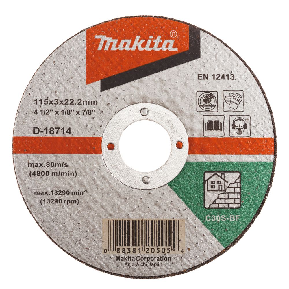 Абразивный отрезной диск Makita для кирпича, плоский С30S, 115х3х22, 23 мм, D-18714