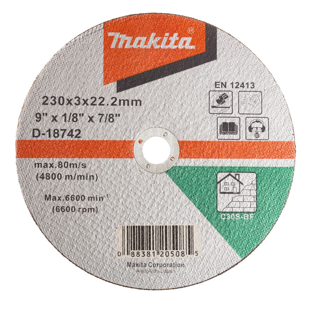 Абразивный отрезной диск Makita для кирпича/камня, плоский С30S, 230х3х22, 23 мм, D-18742