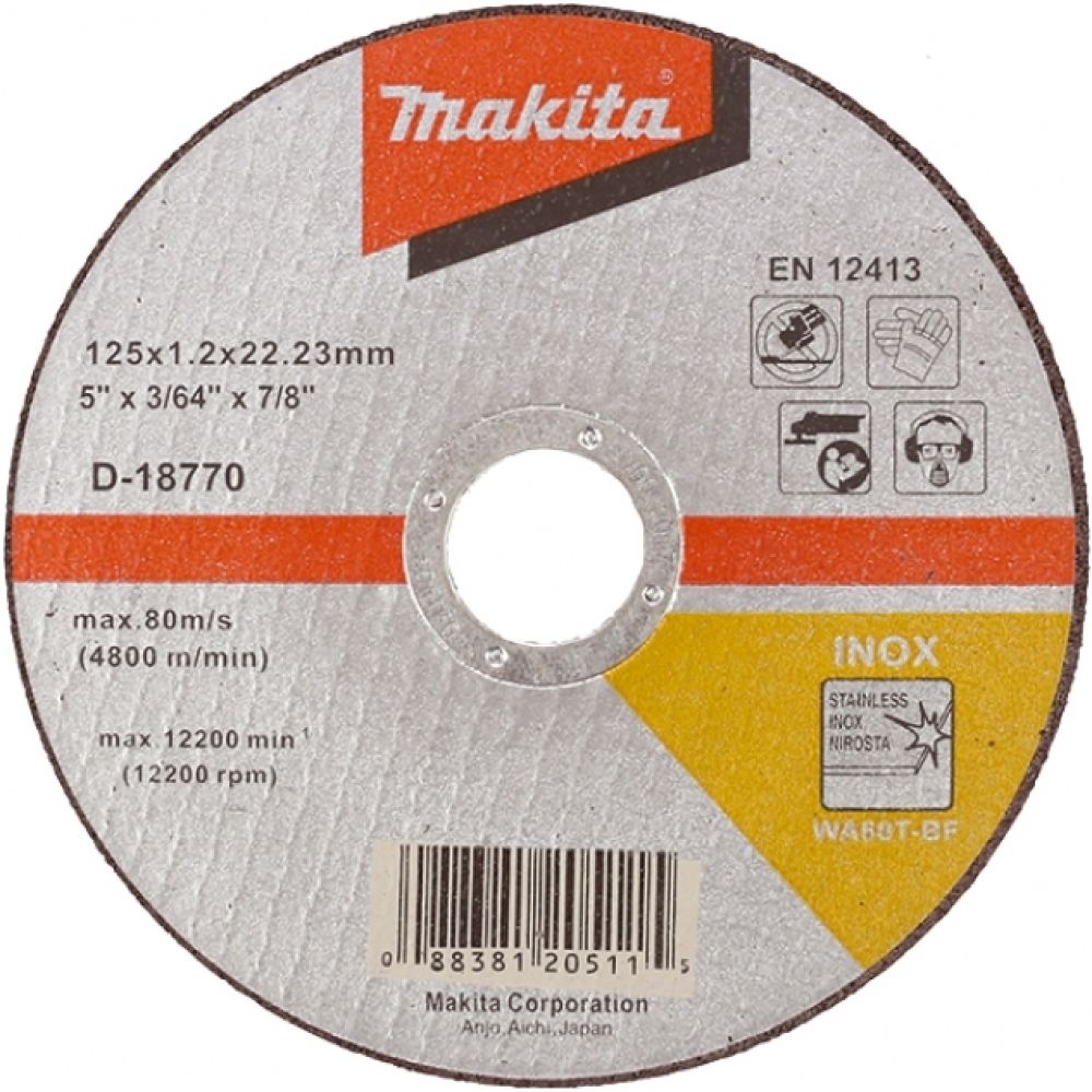 Абразивный отрезной диск Makita для стали/нержавеющей стали, плоский WA60T, 125х1, 2х22, 23 мм, D-18770