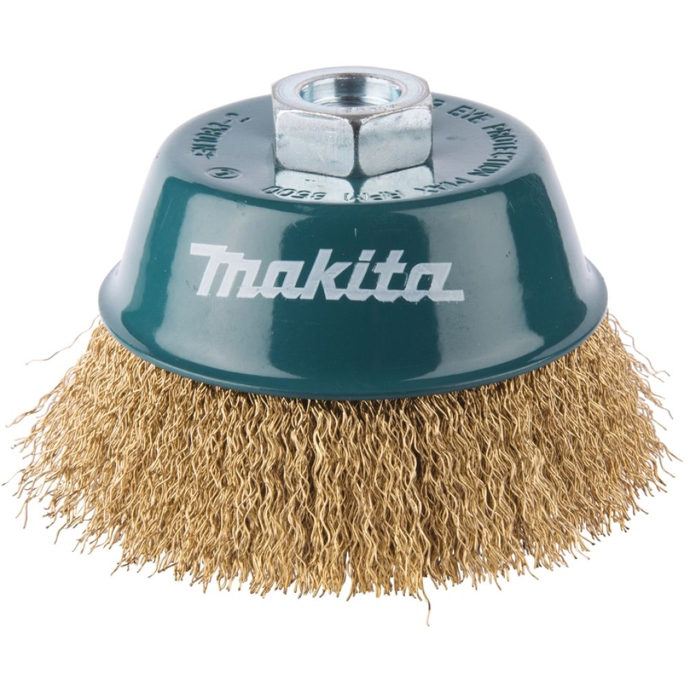 Щетка проволочная чашечная Makita (d100 мм, толщ. проволоки 0.3 мм, гофрированная, латунь, M14x2), D-39805