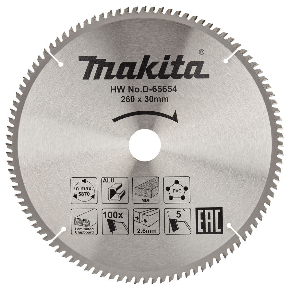 Пильный диск Makita универсальный для алюминия/дерева/пластика, 260x30x2.6/1.8x100T , D-65654