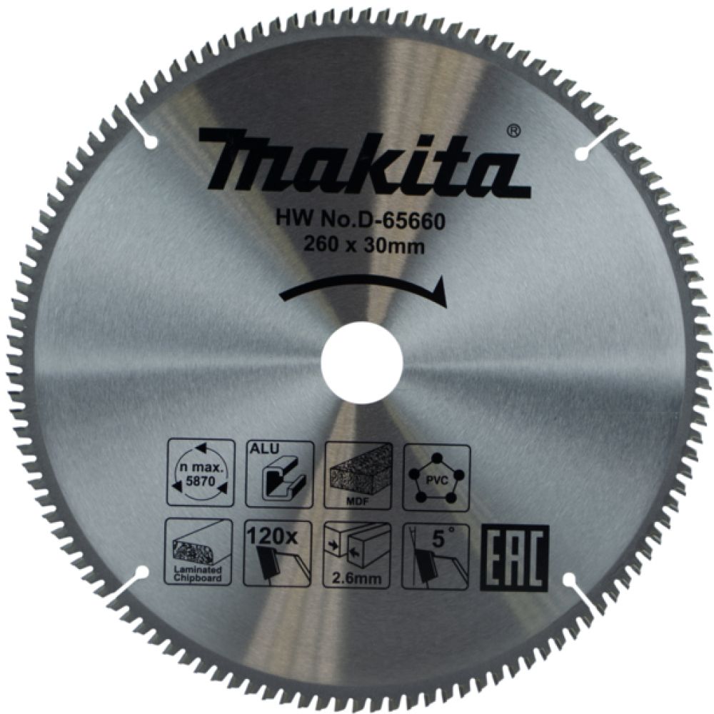 Пильный диск Makita универсальный для алюминия/дерева/пластика, 260x30x2.6/1.8x120T , D-65660