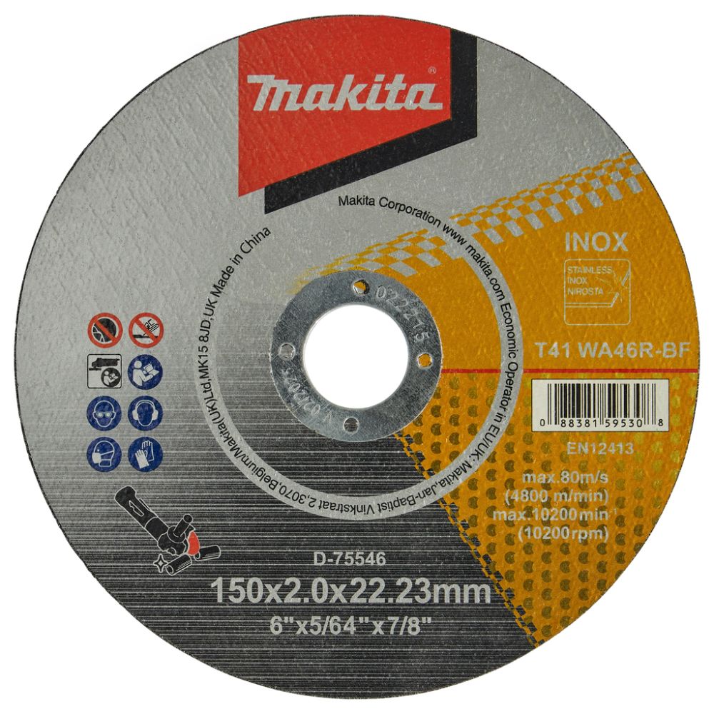 Абразивный отрезной диск Makita для стали/нержавеющей стали, плоский WA46R, 150х2х22, 23 мм, D-75546