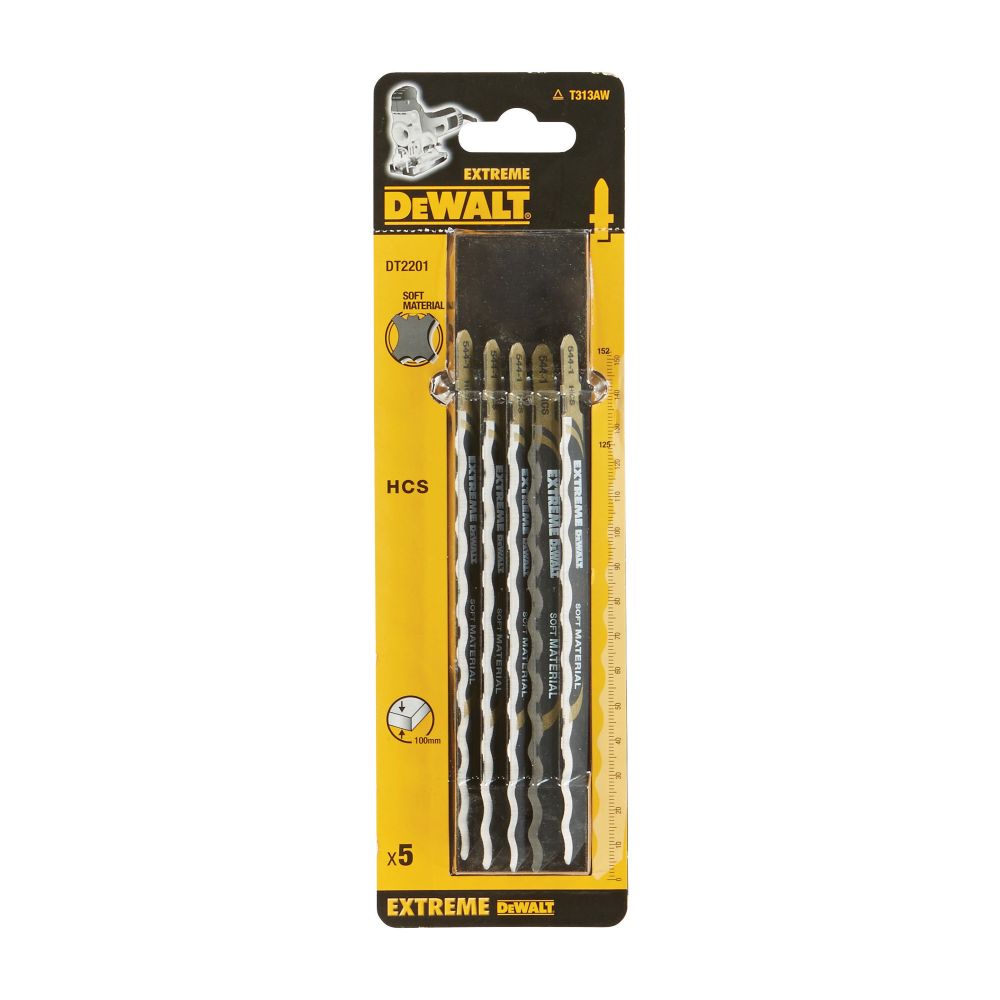 Пилка для лобзика DEWALT EXTREME DT2201, по мягким материалам, HCS, нож волнистый, 152 x 125 x 100 мм, T313AW, 5 шт.