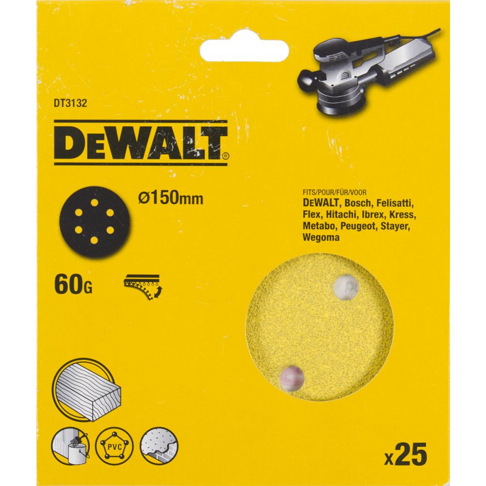 Шлифовальные круги DEWALT DT3132, 150 мм, 6 отверстий, 60G, 25 шт.