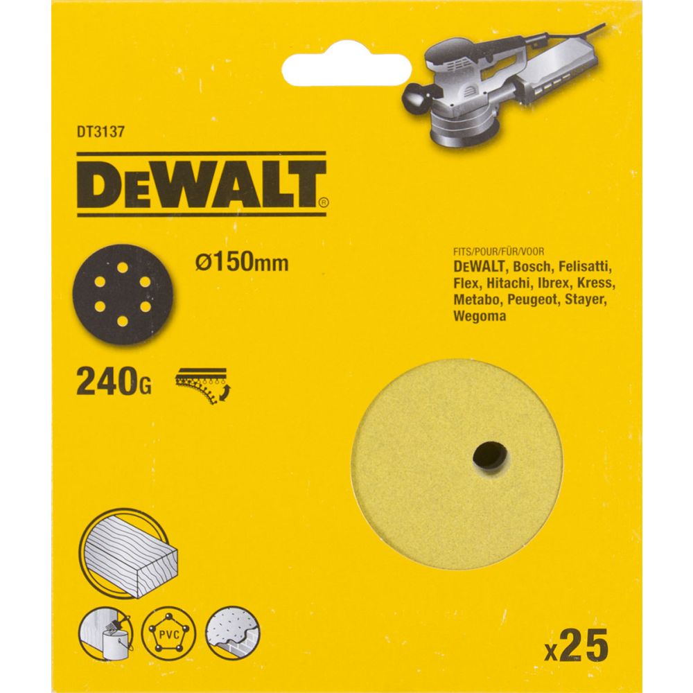 Шлифовальные круги DEWALT DT3137, 150 мм, 6 отверстий, 240G, 25 шт.
