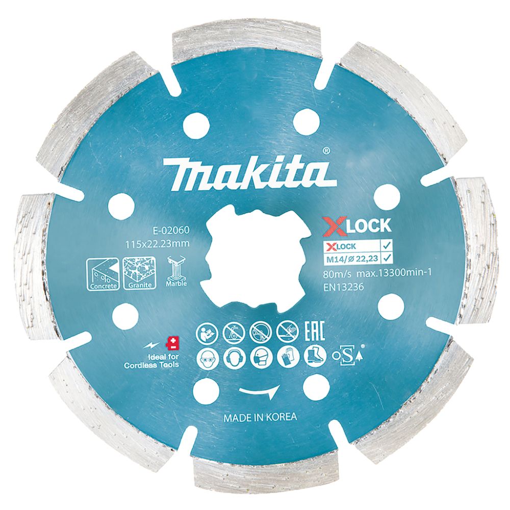 Алмазный сегментированный диск Makita с системой X-LOCK, бетон/гранит, 115х22, 3x1, 6x7 мм, E-02060