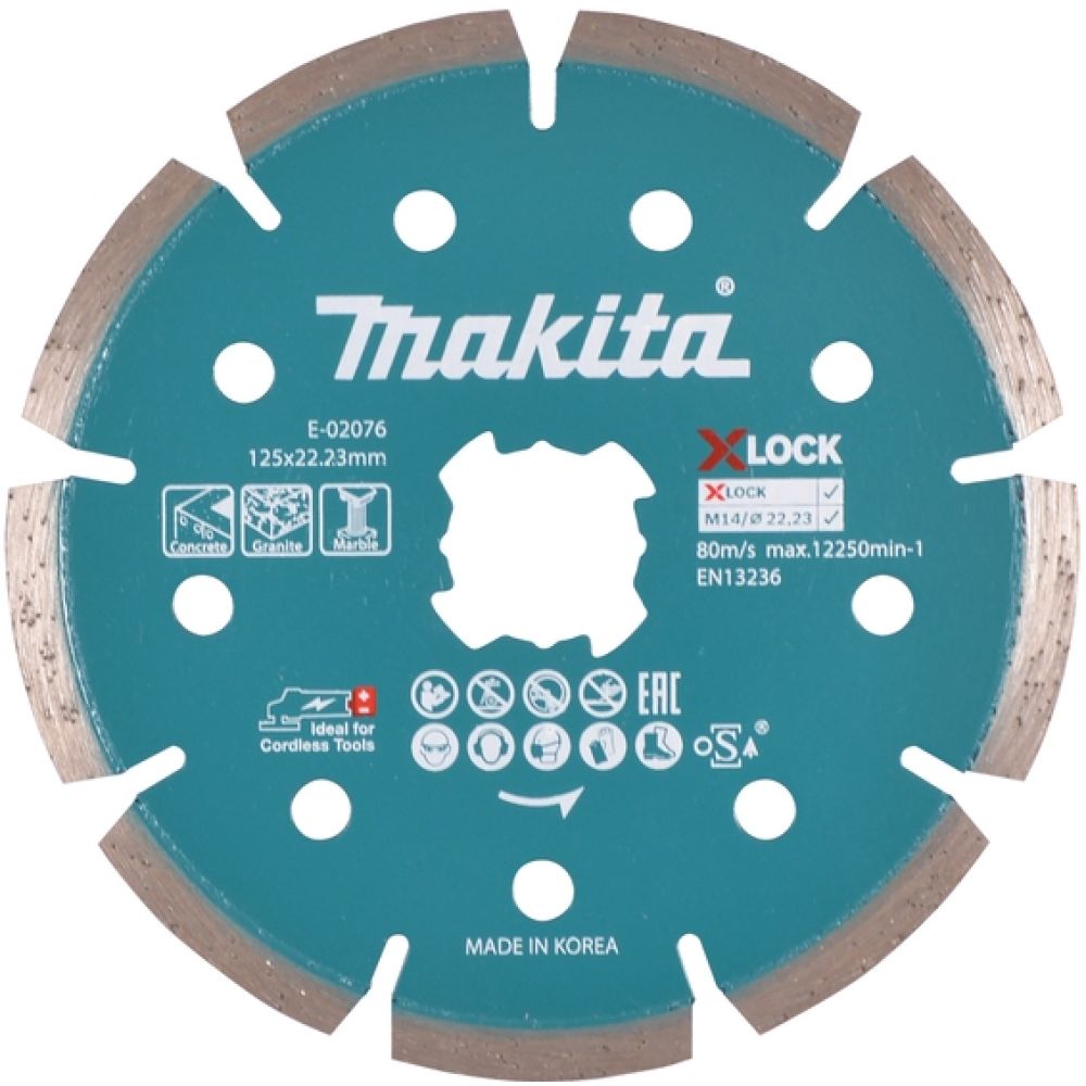 Алмазный сегментированный диск Makita с системой X-LOCK, бетон/гранит, 125х22, 3x1, 6x7 мм, E-02076