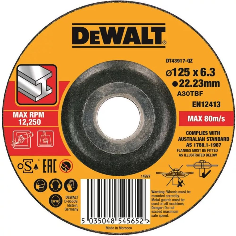 Круг обдирочный по металлу DEWALT DT43917, HIGH PERFORMANCE, 125 x 6.3 мм
