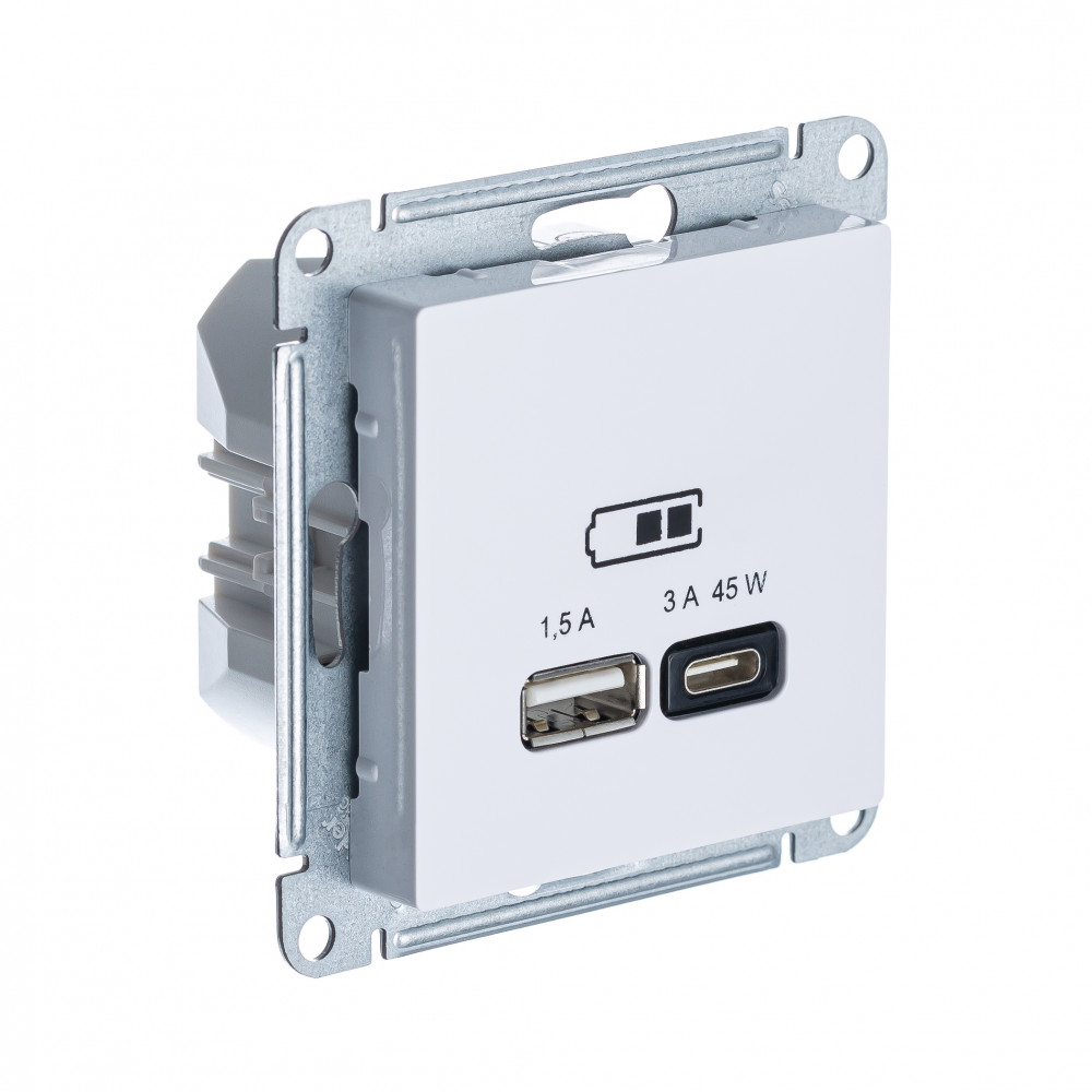 USB Розетка A Systeme Electric (Schneider Electric) AtlasDesign + тип-C 45W высокоскоростная зарядка QC, PD, механизм, БЕЛЫЙ