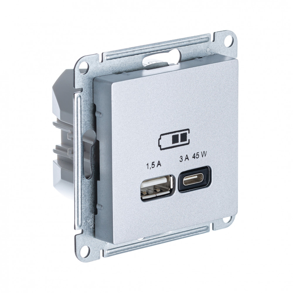 USB Розетка A Systeme Electric (Schneider Electric) AtlasDesign + тип-C 45W высокоскоростная зарядка QC,PD, механизм,АЛЮМИНИЙ