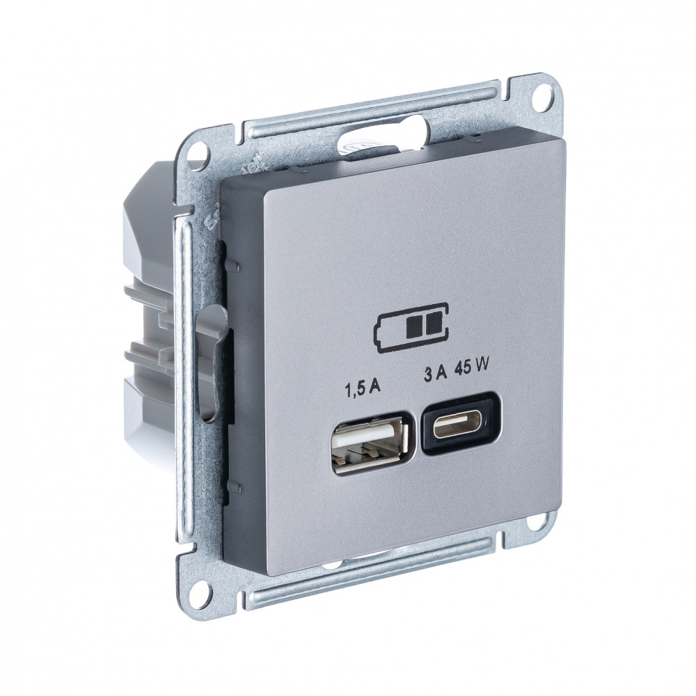 USB Розетка A Systeme Electric (Schneider Electric) AtlasDesign + тип-C 45W высокоскоростная зарядка QC, PD, механизм, СТАЛЬ