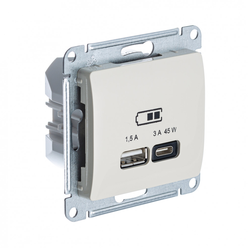 USB Розетка A + тип-C 45W Systeme Electric (Schneider Electric) Glossa высокоскоростная зарядка QC, PD, механизм, МОЛОЧНЫЙ