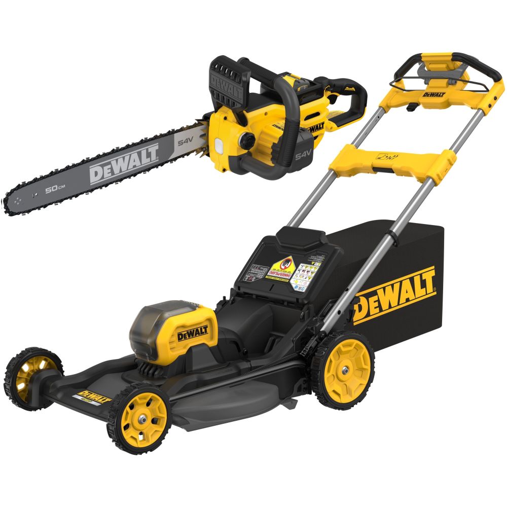 Аккумуляторный набор садовой техники DEWALT, 54 В: цепная пила DCMCS575 + газонокосилка DCMWSP550, с АКБ 3 Ач и ЗУ