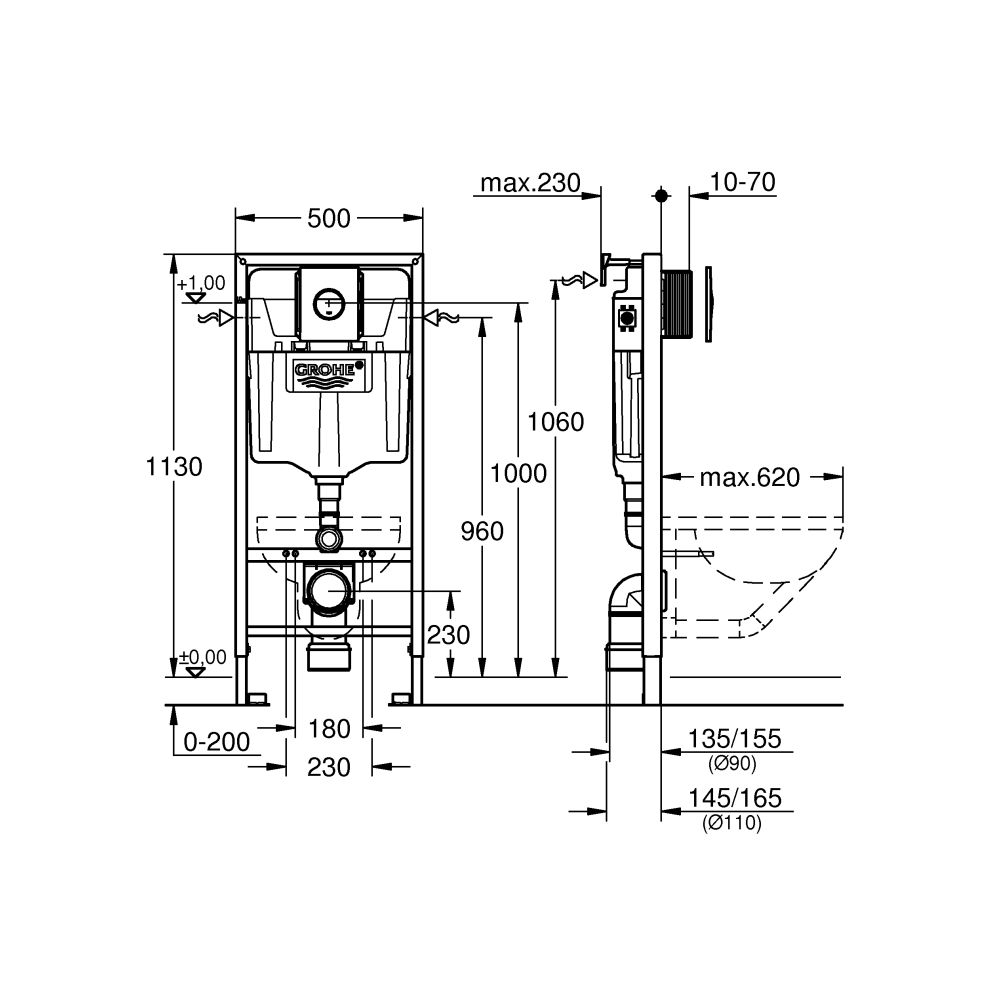 Инсталляция для подвесного унитаза GROHE Rapid SL в сборе 3-в-1, с накладной панелью Nova Cosmopolitan, хром (38860000)