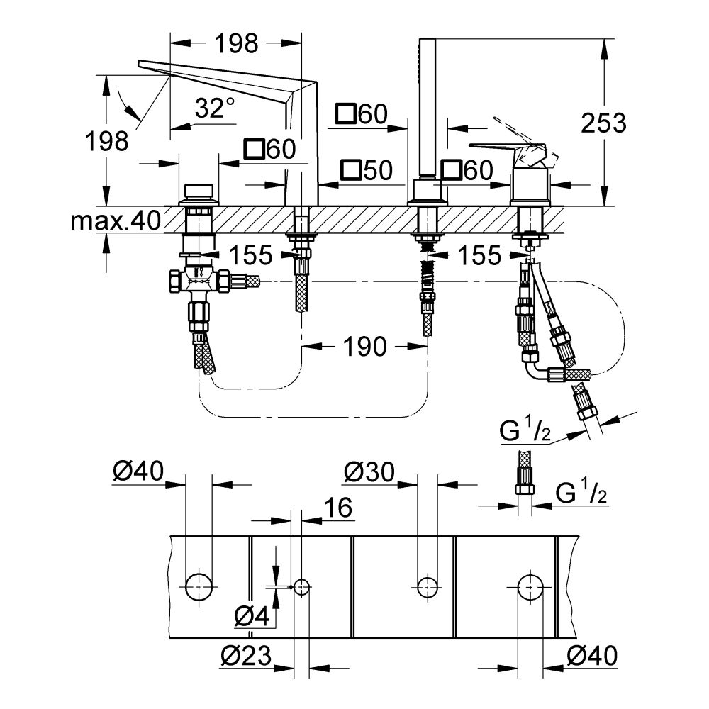 Смеситель для ванны GROHE Allure Brilliant на 4 отверстия, на край ванны, хром (19787001)