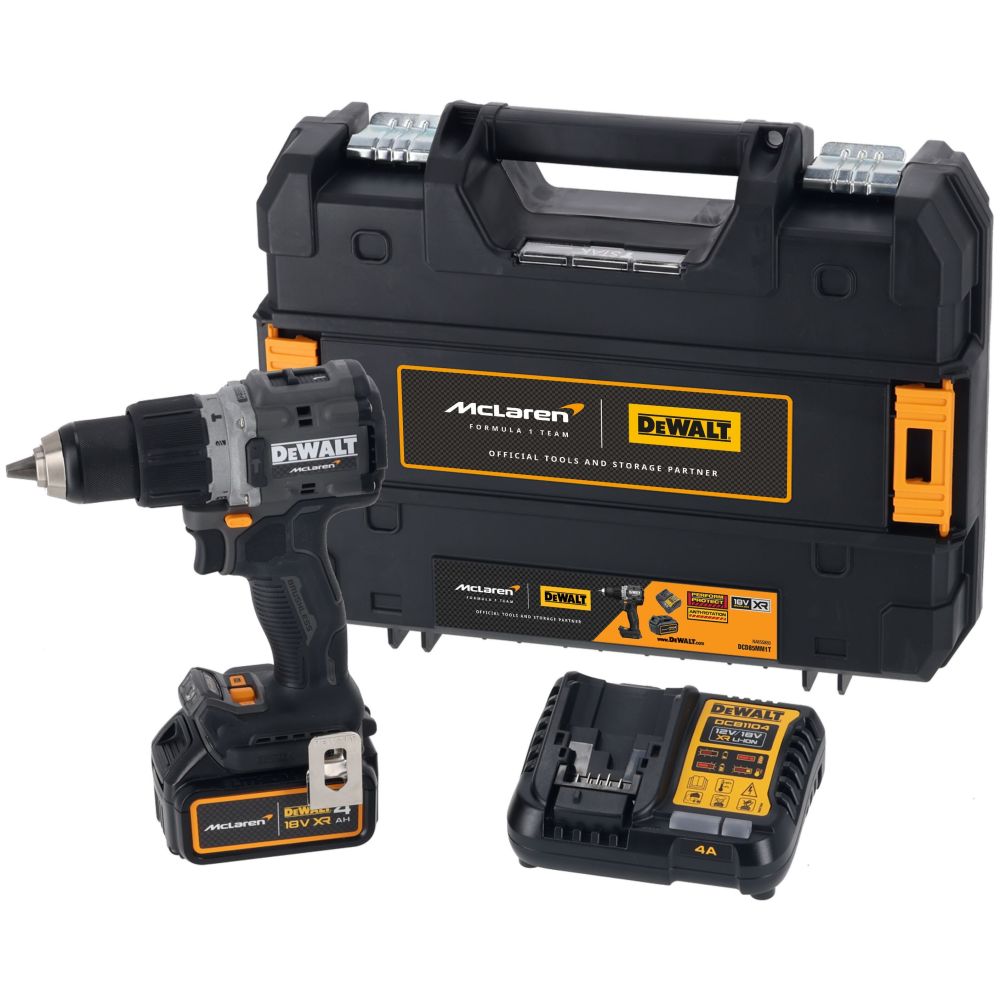 Ударная дрель-шуруповерт DEWALT McLaren Limited Edition DCD85MM1T, 18 В, 2000 об/мин, с АКБ 4 Ач и ЗУ, в кейсе TSTAK