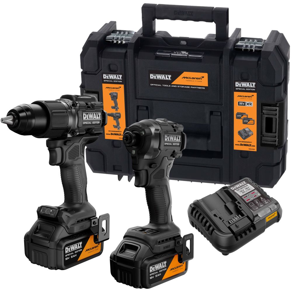 Аккумуляторный набор DEWALT McLaren Limited Edition DCK2222MP2T: дрель-шуруповерт + шуруповерт, с 2 АКБ 5 Ач и ЗУ, в кейсе TSTAK