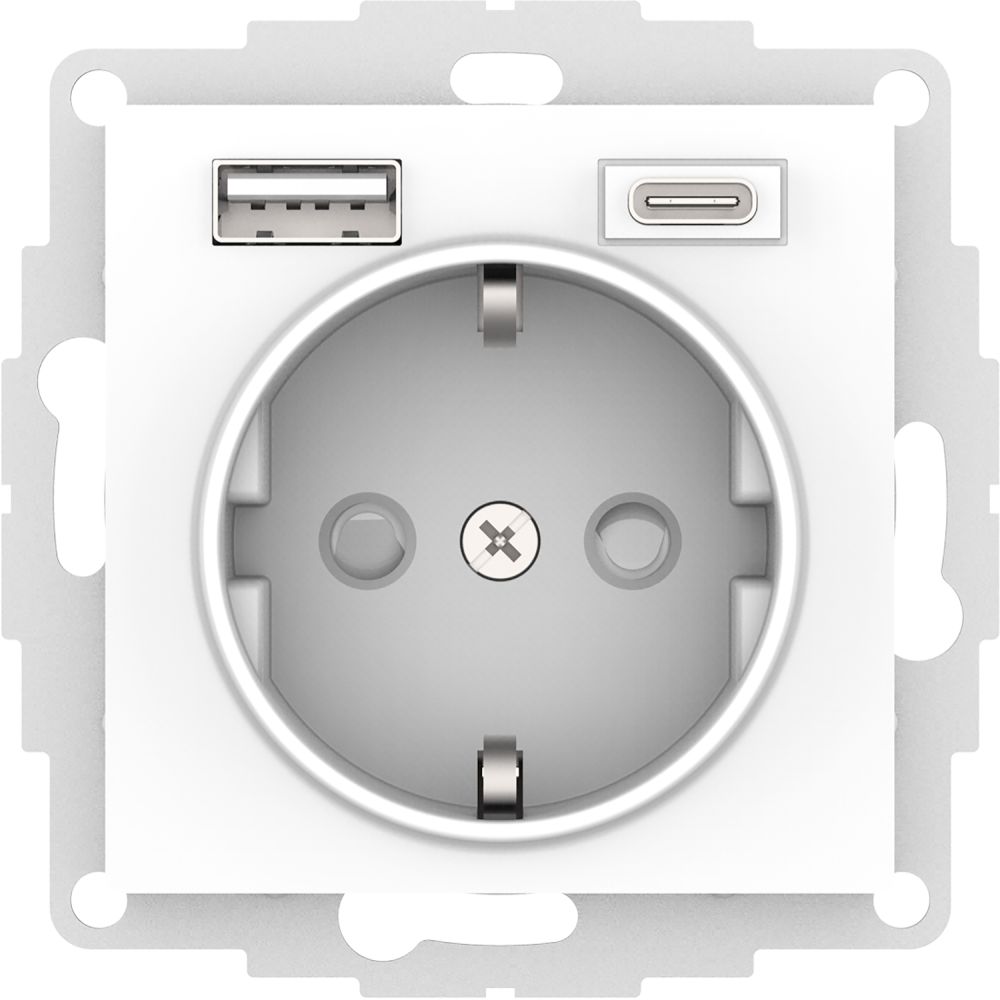 Розетка 16А с 2 USB A+C, 5В/2,4А/3,0А, 2х5В/1,5А, механизм, Systeme Electric (Schneider Electric) AtlasDesign ATN000132 белый