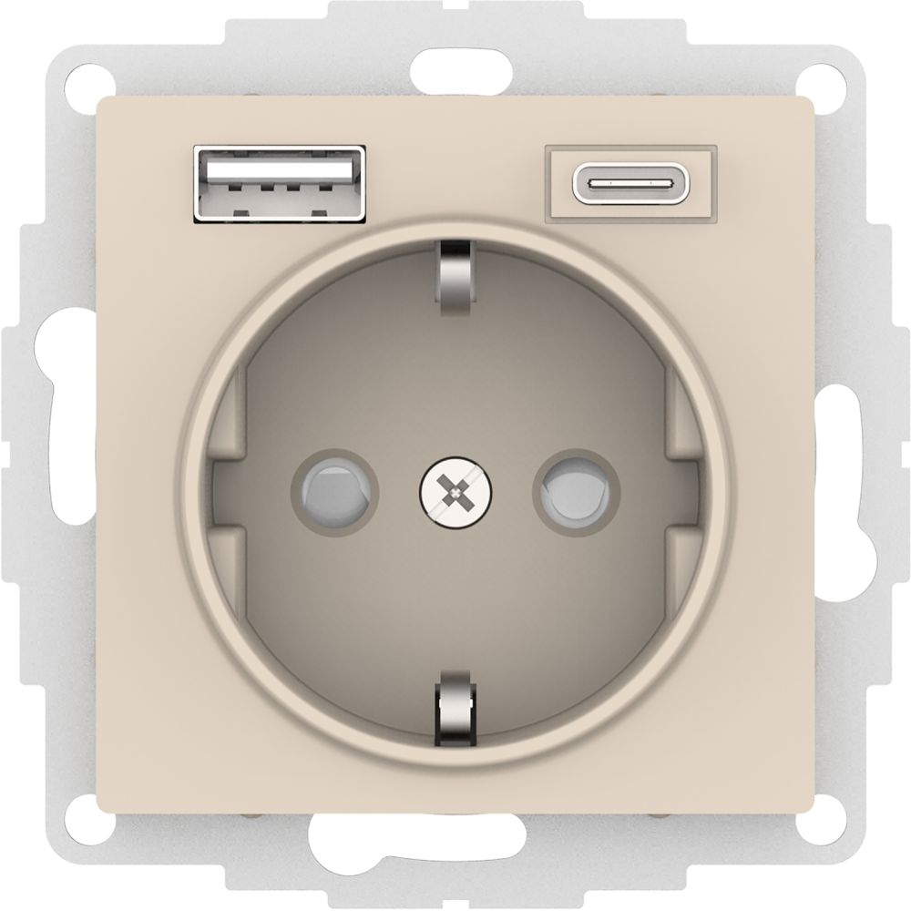 Розетка 16А с 2 USB A+C, 5В/2,4А/3,0А, 2х5В/1,5А, механизм, Systeme Electric (Schneider Electric) AtlasDesign ATN000232 бежевый