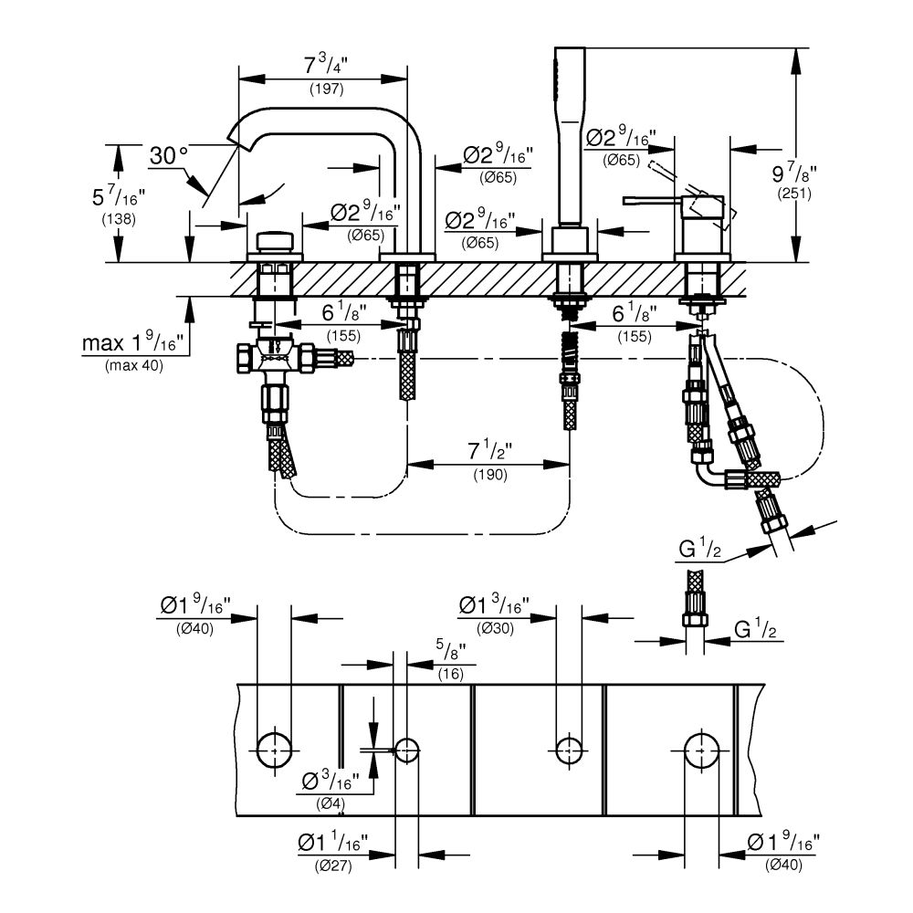 Смеситель для ванны GROHE Essence на 4 отверстия, на край ванны, хром (1957800A)