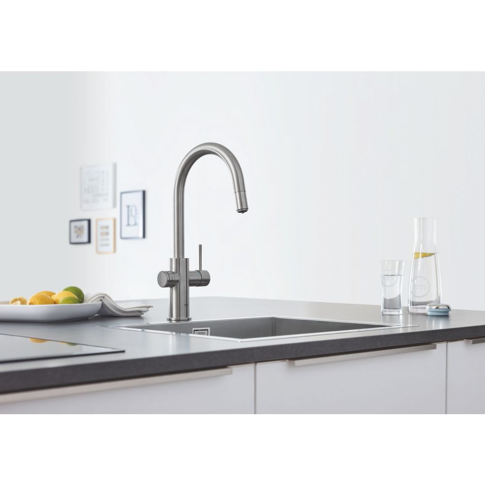 Смеситель для кухонной мойки GROHE Blue Home с системой фильтрации, охлаждения и газирования воды, Wi-Fi, суперсталь (31541DC0)